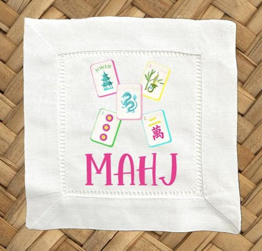 Mahjong Linen Cocktail Napkins - Hemstitch Fabric, Set of 4