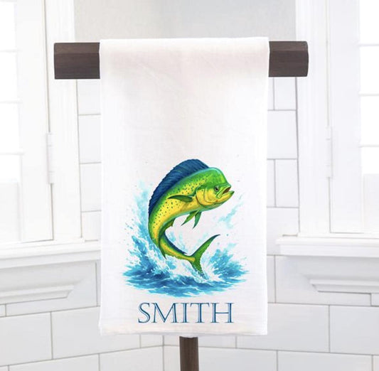 Personalized Custom Mahi Mahi Flour Sack Tea Towel - Gift for Saltwater Fishing