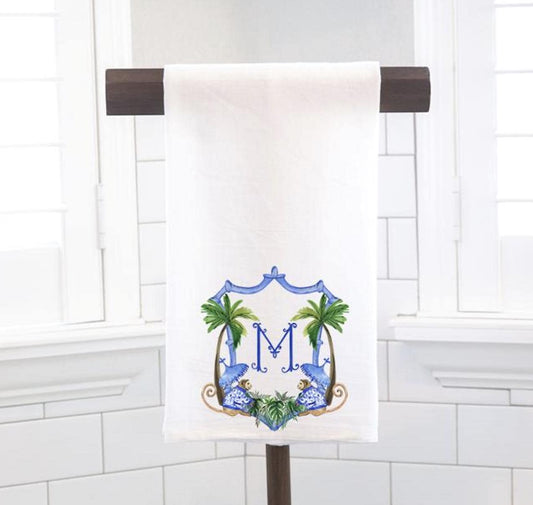 Personalized Custom Chinoiserie Monkey Crest, Palm Beach  Flour Sack Tea Towel - Preppy Gift