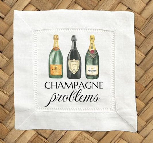 Champagne Problems Linen Cocktail Napkins -  6 x 6 Inch Cloth Hemstitch Fabric Napkins - Set of 4
