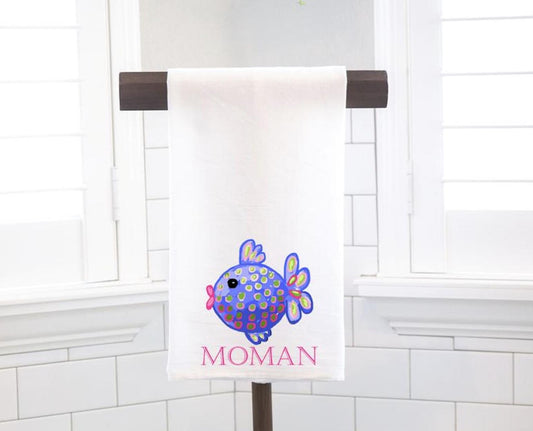 Personalized Custom Blue Fish Flour Sack Tea Towel - Preppy Gift
