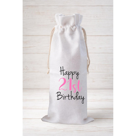 Happy 21st Birthday, Wine Bottle Gift Bag – Reusable Drawstring Canvas Bag