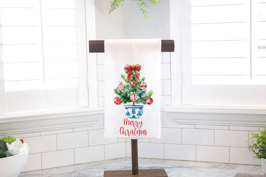 Chinoiserie Christmas Tree Flour Sack Tea Towel - Hostess Gift - Housewarming Gift