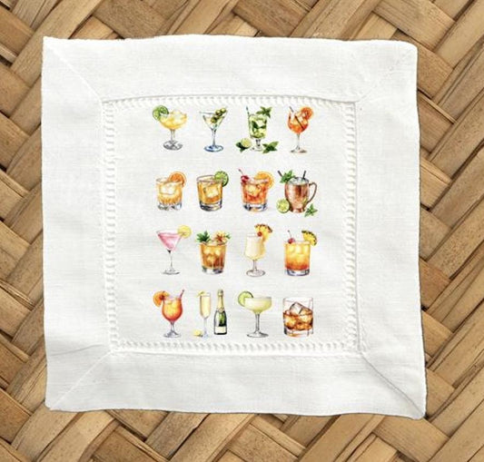 Linen Cocktail Napkins - Hemstitch Mixed Drinks, Set of 4