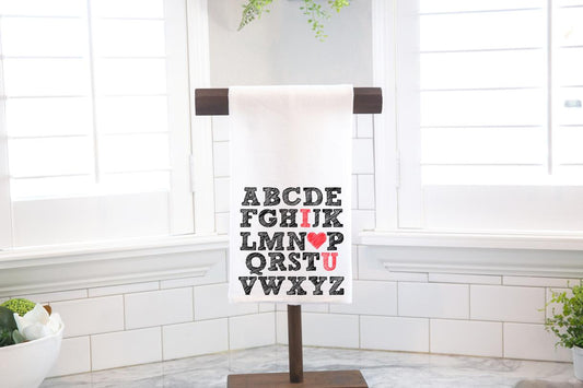 Alphabet I Love You Red Flour Sack Tea Towel - Hostess Gift - Housewarming Gift - Valentines Day