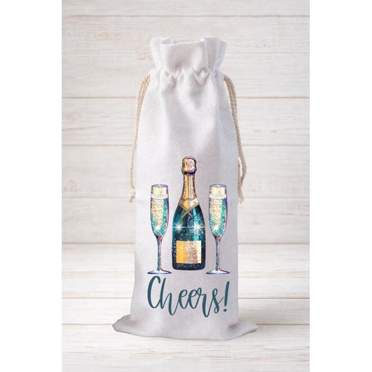 Cheers Champagne, Wine Bottle Gift Bag – Reusable Drawstring Canvas Bag