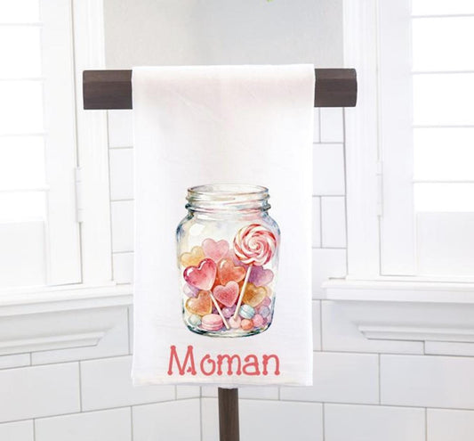 Personalized Valentine's Day Flour Sack Towel – Heart Candy Jar