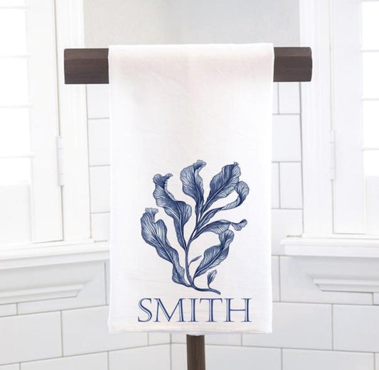 Personalized Custom Blue Seaweed Shell Flour Sack Tea Towel - Gift for Oyster Lover
