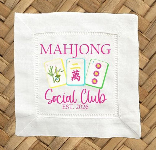 Mahjong Social Club Linen Cocktail Napkins -  6 x 6 Inch Cloth Hemstitch Fabric Napkins - Set of 4