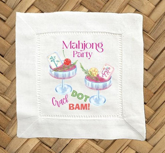 Mahjong Party Linen Cocktail Napkins -  6 x 6 Inch Cloth Hemstitch Fabric Napkins - Set of 4