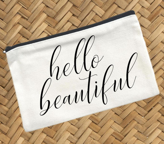 Hello Beautiful, Canvas Pouch, Travel Cosmetic Bag