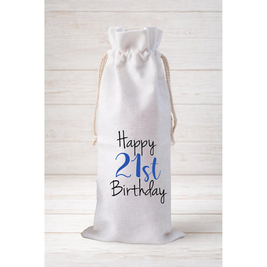 Happy 21st Birthday, Wine Bottle Gift Bag – Reusable Drawstring Canvas Bag