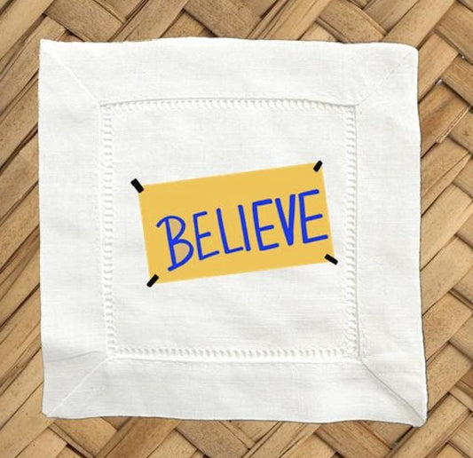 Believe Linen Cocktail Napkins - Hemstitch Cloth Napkins, Set of 4