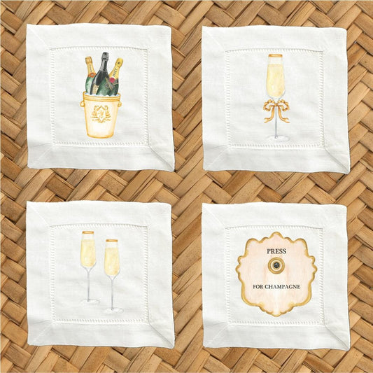 Press For Champagne Linen Cocktail Napkins -  6 x 6 Inch Cloth Hemstitch Fabric Napkins - Set of 4
