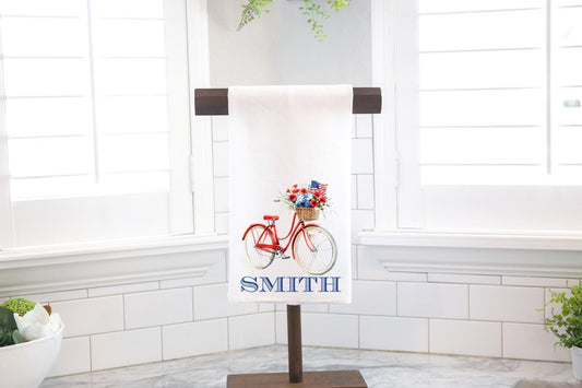 Personalized Patriotic Bicycle Flour Sack Tea Towel- Hostess Gift - Housewarming Gift - July 4th