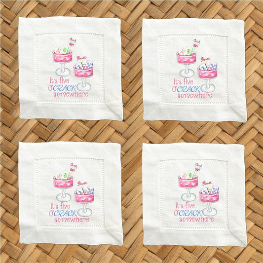 It's Five O'Crack Somewhere Linen Cocktail Napkins -  6 x 6 Inch Cloth Hemstitch Fabric Napkins - Set of 4