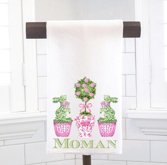 Personalized Chinoiserie Easter Topiary Tea Towel – Pink Spring Decor