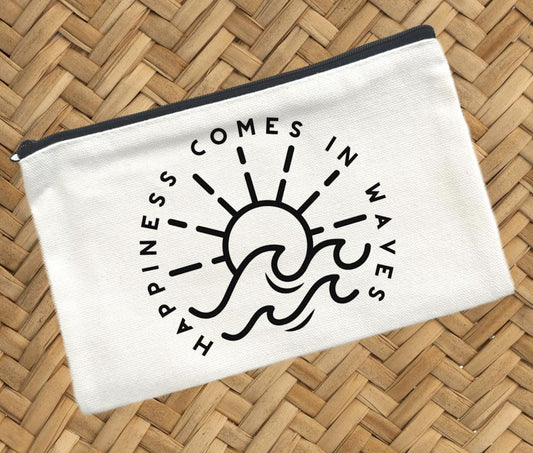 Happiness Comes In Waves, Canvas Pouch, Travel Cosmetic Bag