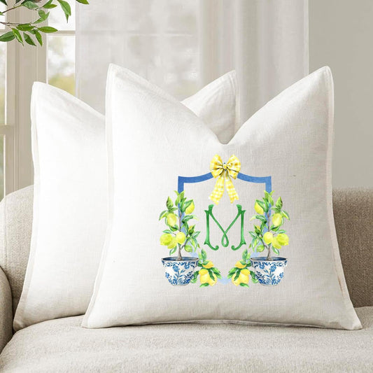 Personalized Wedding Gift Lemon Crest Pillow Cover, Chinoiserie, 22" Square