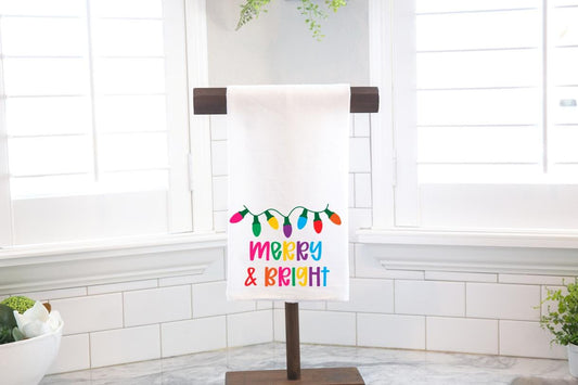 Merry and Bright Christmas Lights Flour Sack Tea Towel - Hostess Gift - Housewarming Gift