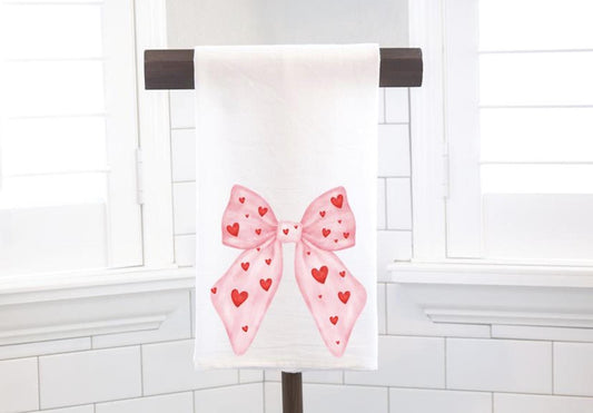 Pink Heart Bow Flour Sack Tea Towel - Hostess Gift - Housewarming Gift - Valentines Day - Coquette
