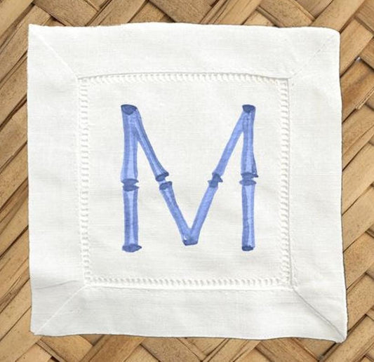 Wedding Gift - Blue Bamboo Monogram Linen Cocktail Napkins – Set of 4