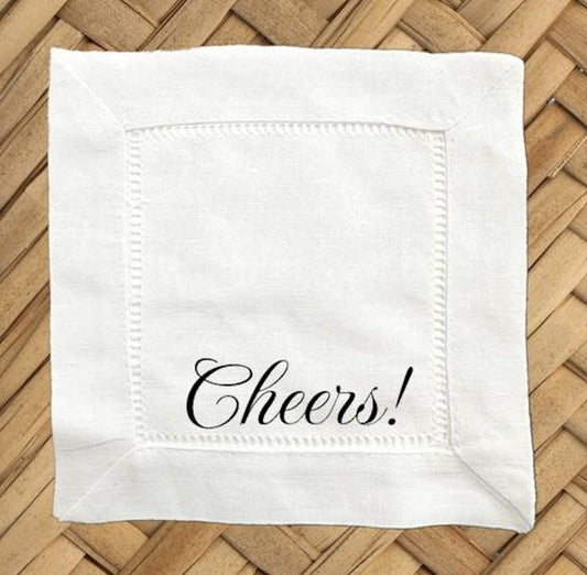 Cheers Linen Cocktail Napkins - Hemstitch Fabric, Set of 4
