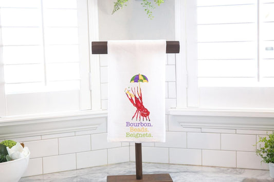 Mardi Gras Crawfish Flour Sack Towel, Bourbon Beads Beignets