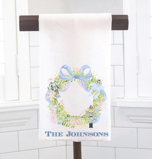 Personalized Nutcracker Christmas Wreath Flour Sack Tea Towel - Hostess Gift - Housewarming Gift