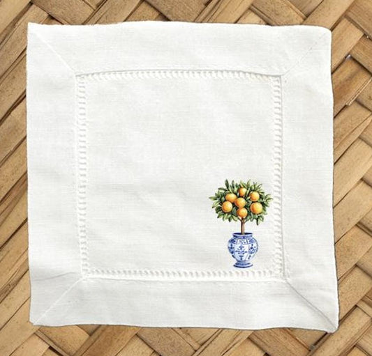 Chinoiserie Orange Tree Linen Cocktail Napkins - Hemstitch Set of 4