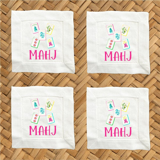 Mahjong Linen Cocktail Napkins - Hemstitch Fabric, Set of 4