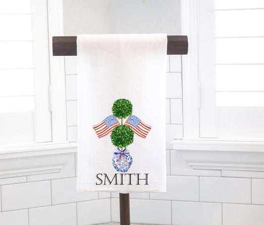 Personalized Patriotic Chinoiserie Topiary Flour Sack Tea Towel- Hostess Gift - Housewarming Gift - July 4th