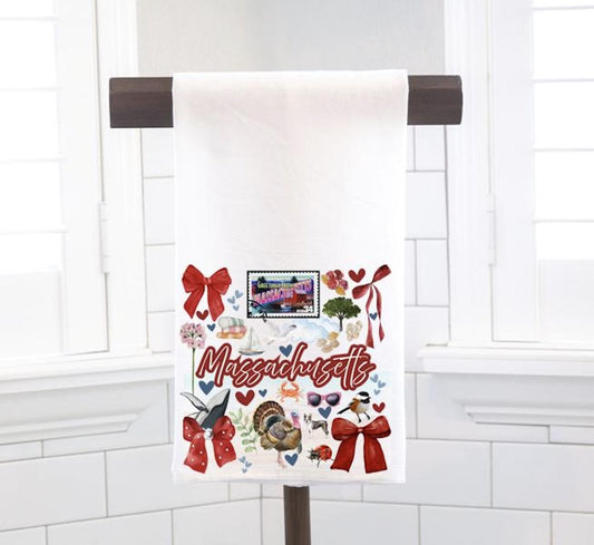 Coquette Massachusetts State, Flour Sack Tea Towel - Preppy Gift