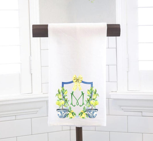 Personalized Custom Lemon Chinoiserie Wedding Crest, Palm Beach Flour Sack Tea Towel - Preppy Gift