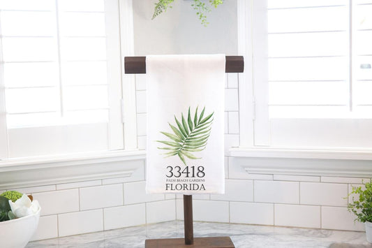 Personalized Palm Leaf Zip Code Flour Sack Tea Towel - Hostess Gift - Housewarming Gift -