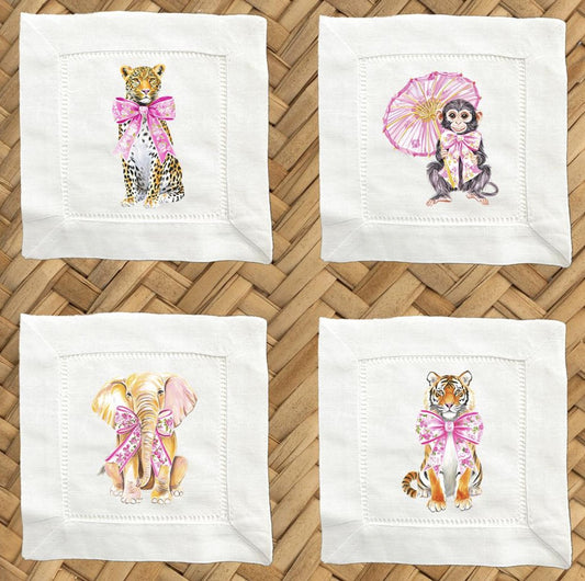 Hostess Gift For Animal Lover - Pink Chinoiserie Animals Linen Cocktail Napkins – Set of 4