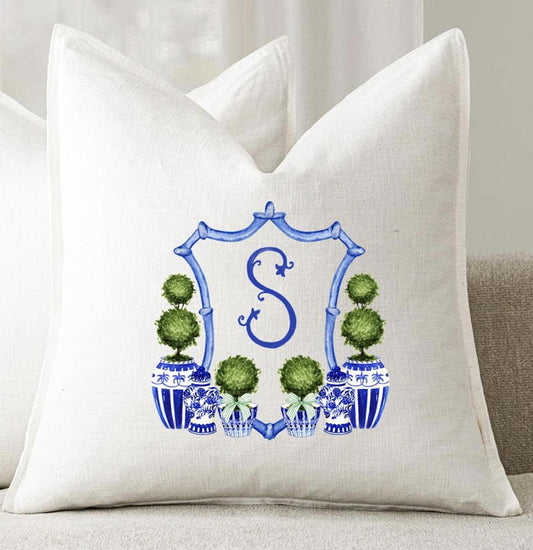 Personalized Chinoiserie Topiary Crest Linen Pillow Cover, 22" Square