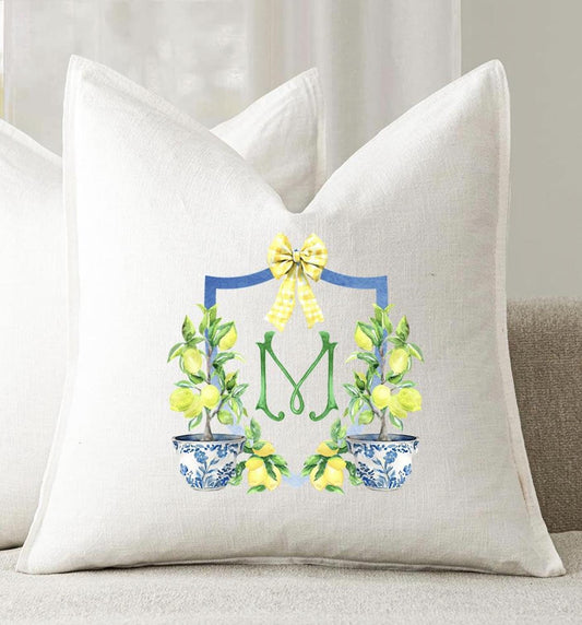 Personalized Wedding Gift Lemon Crest Pillow Cover, Chinoiserie, 22" Square