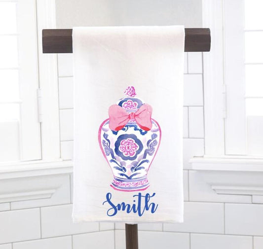 Personalized Chinoiserie Ginger Jar Flour Sack Tea Towel - Hostess Gift - Housewarming Gift - Custom