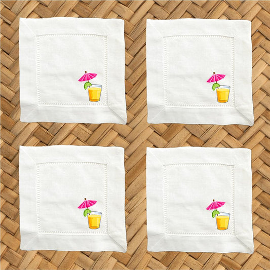 Tropical Drink Linen Cocktail Napkins - Hemstitch Fabric, Set of 4