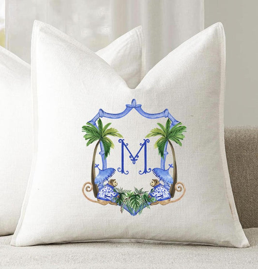 Personalized Chinoiserie Monkey Crest Linen Pillow Cover, 22" Square