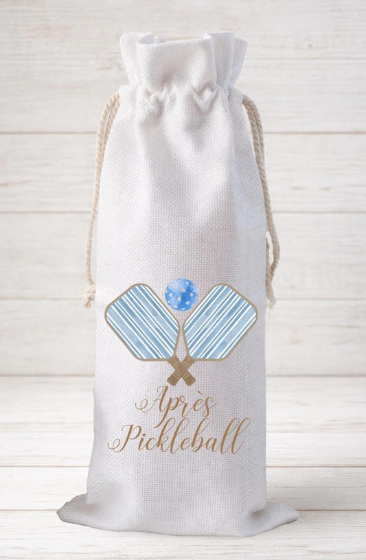 Apres Pickleball Blue, Wine Bottle Gift Bag – Reusable Drawstring Canvas Bag