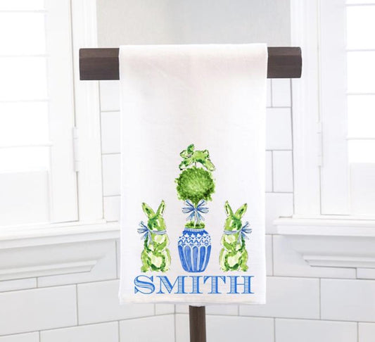 Personalized Chinoiserie Blue Spring Easter Topiary Flour Sack Tea Towel - Hostess Gift - Housewarming Gift - Custom