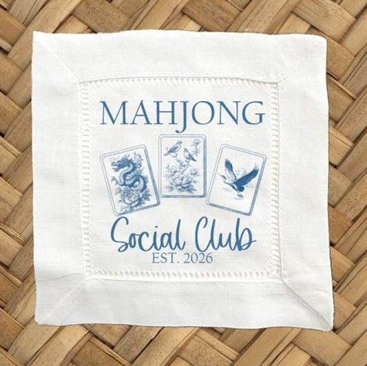 Mahjong Social Club Chinoiserie Linen Cocktail Napkins -  6 x 6 Inch Cloth Hemstitch Fabric Napkins - Set of 4