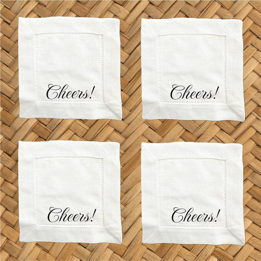 Cheers Linen Cocktail Napkins - Hemstitch Fabric, Set of 4