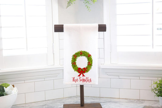 Personalized Christmas Wreath Flour Sack Tea Towel- Hostess Gift - Housewarming Gift